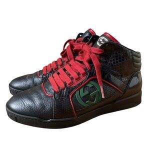 Gucci Black High-Top Sneakers with Red Laces and Green Logo Patch